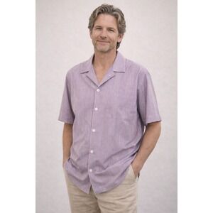 Levi Strauss Mens Short Sleeve Button Up Shirt Red White Stripe Sz M Camp Collar